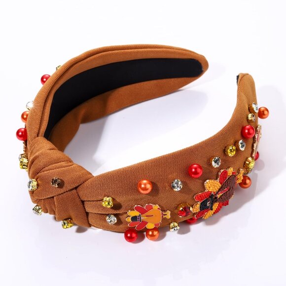 Beaded Turkey Fall Pearl Rhinestone Knotted Thanksgiving Headband for Women\'s main image 6